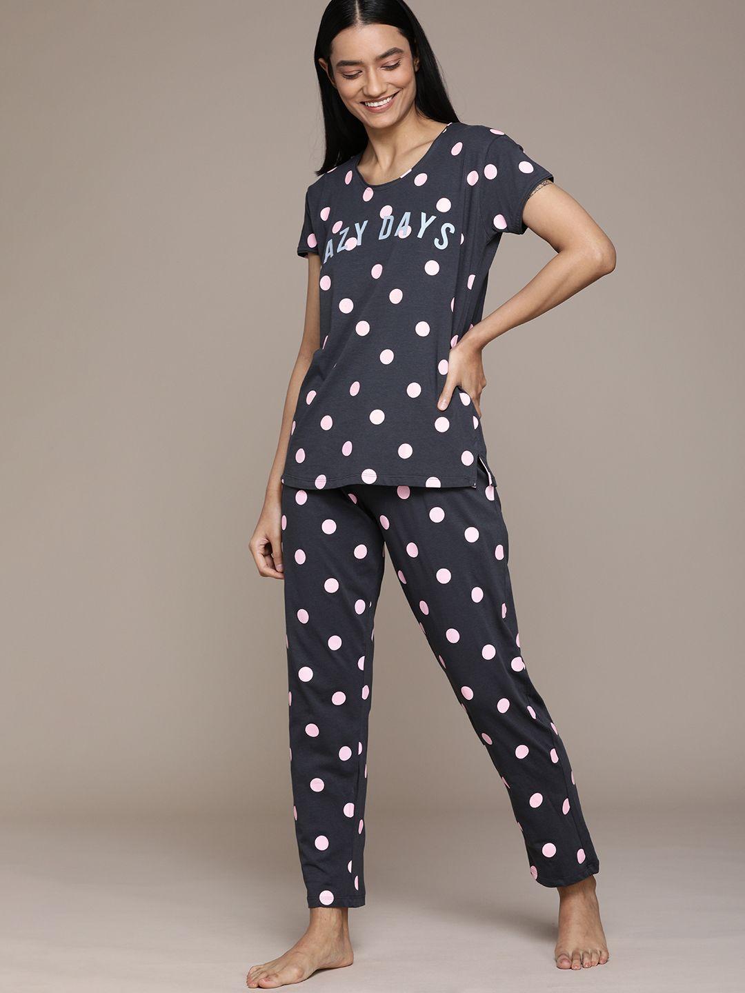 beebelle women charcoal grey & pink cotton polka dot print pyjamas set