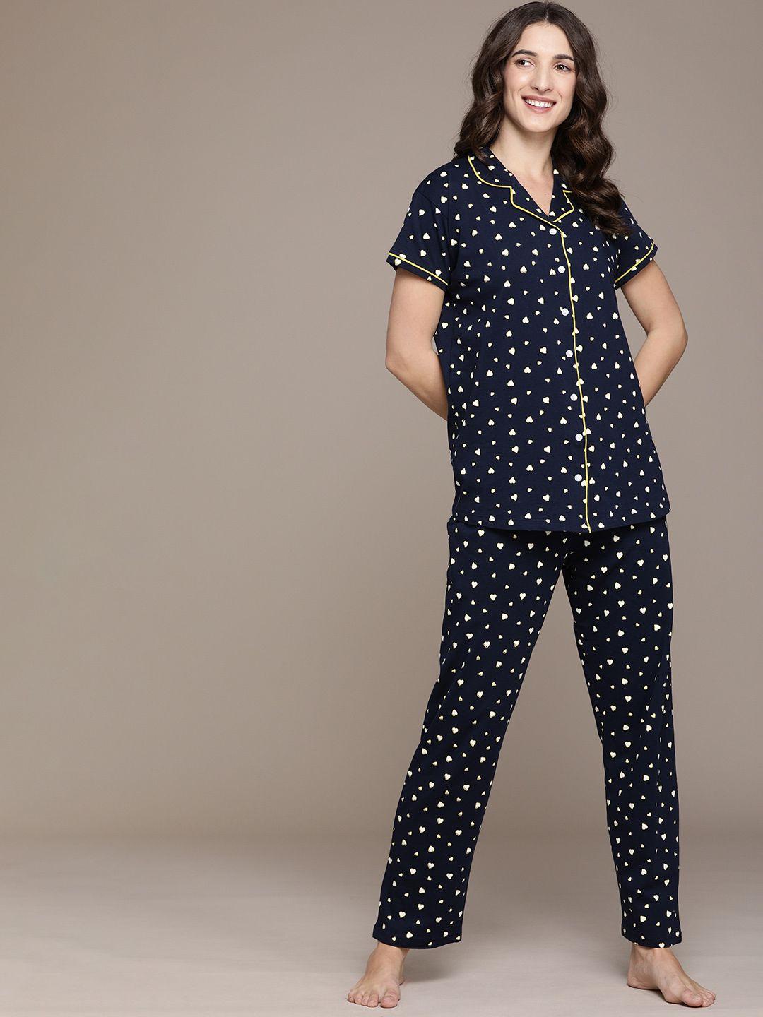 beebelle women navy blue & white printed night suit