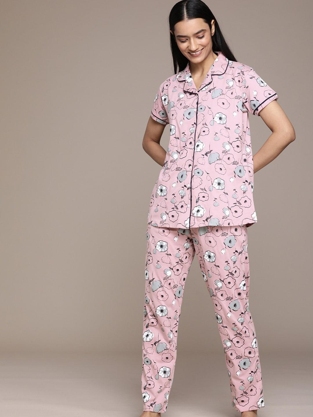 beebelle women pink printed pure cotton night suit
