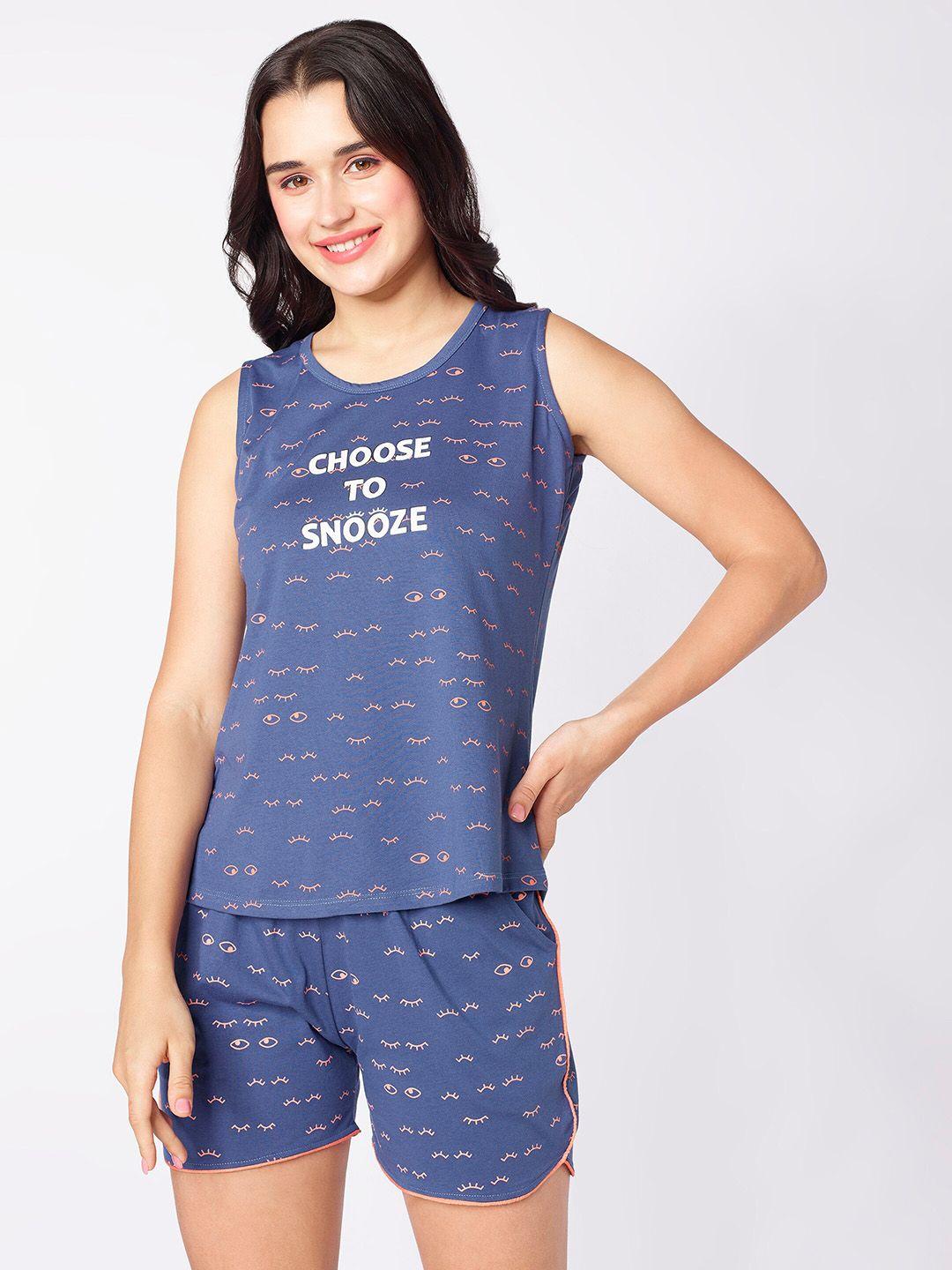 beebelle blue graphic printed sleeveless night suit