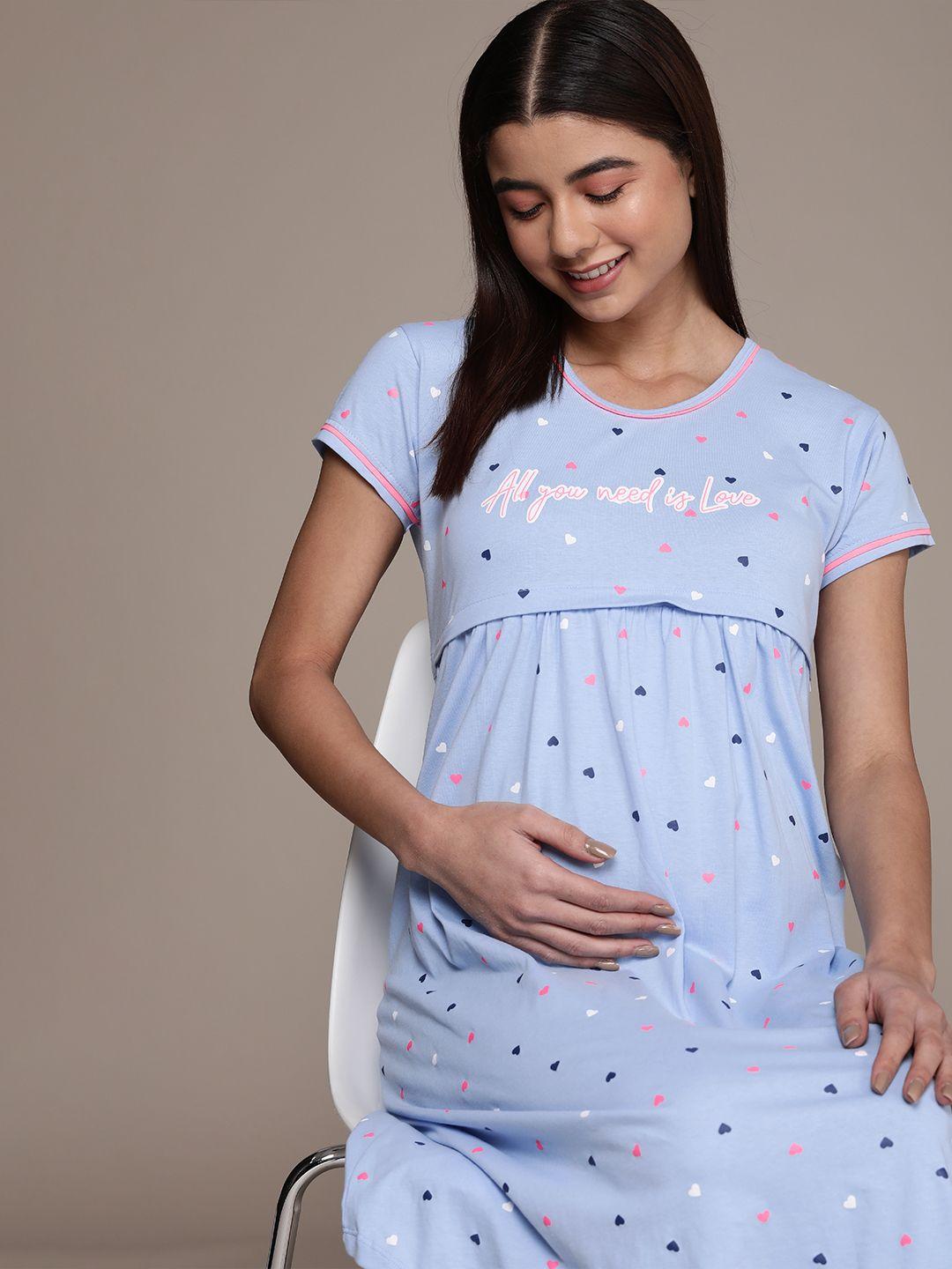 beebelle blue printed maternity & feeding pure cotton nightdress