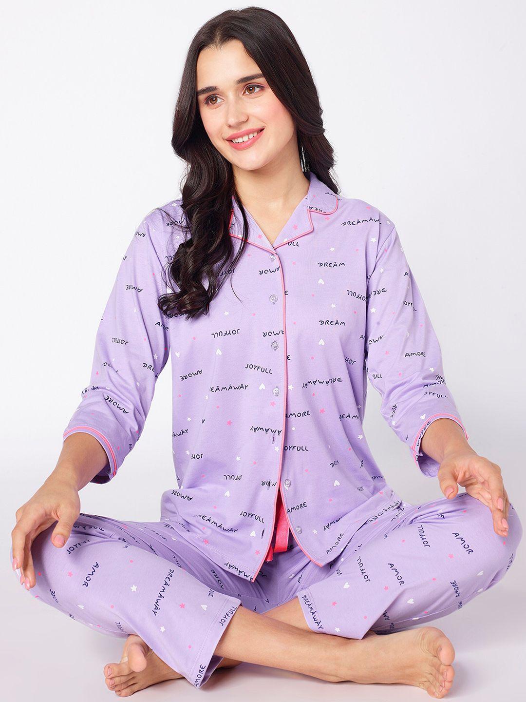 beebelle lavender & pink typography printed night suit