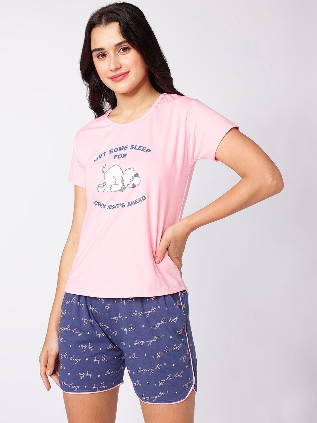 beebelle peach-coloured & navy blue typography printed night suit