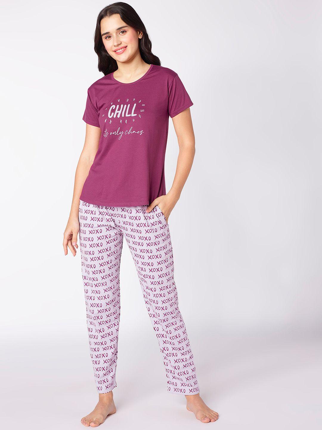 beebelle purple & mauve typography printed night suit