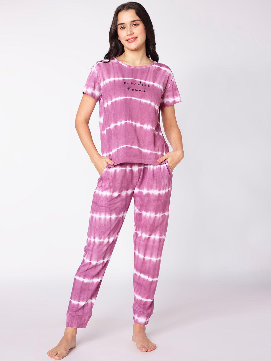 beebelle purple & white tie and dye printed pure cotton night suit