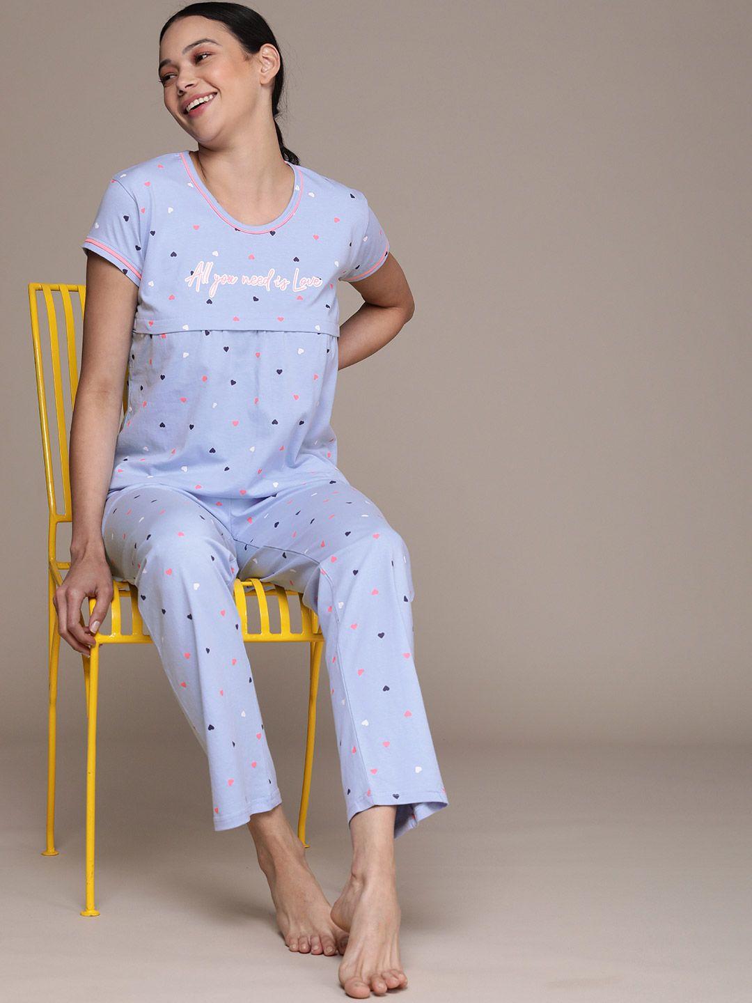 beebelle women blue conversational printed maternity & feeding  pure cotton night suit