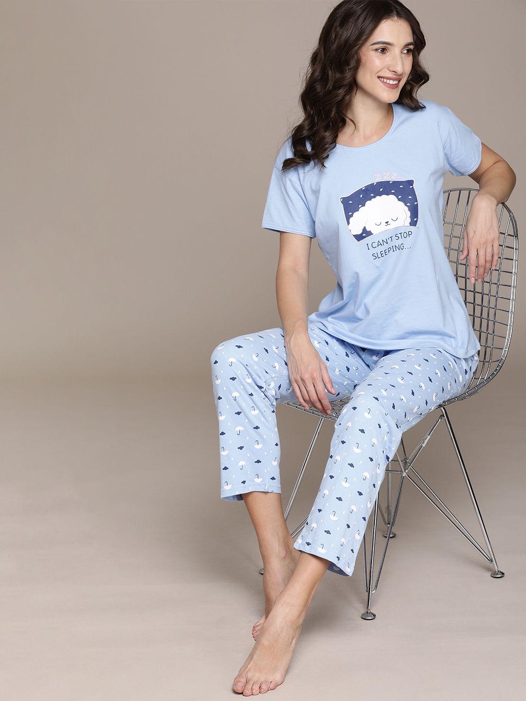 beebelle women blue cotton printed pyjamas set