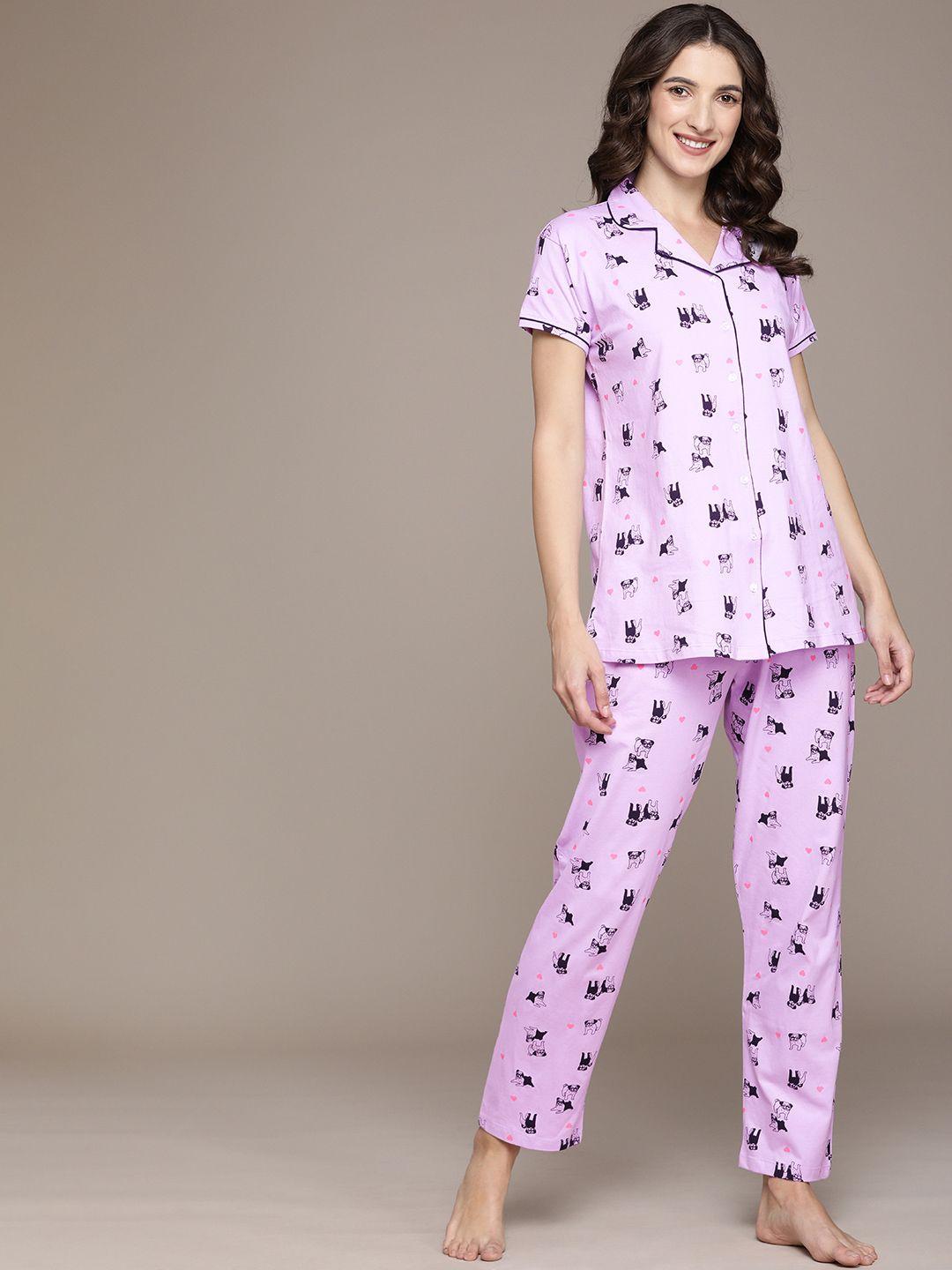 beebelle women lavender cotton dog print pyjamas set