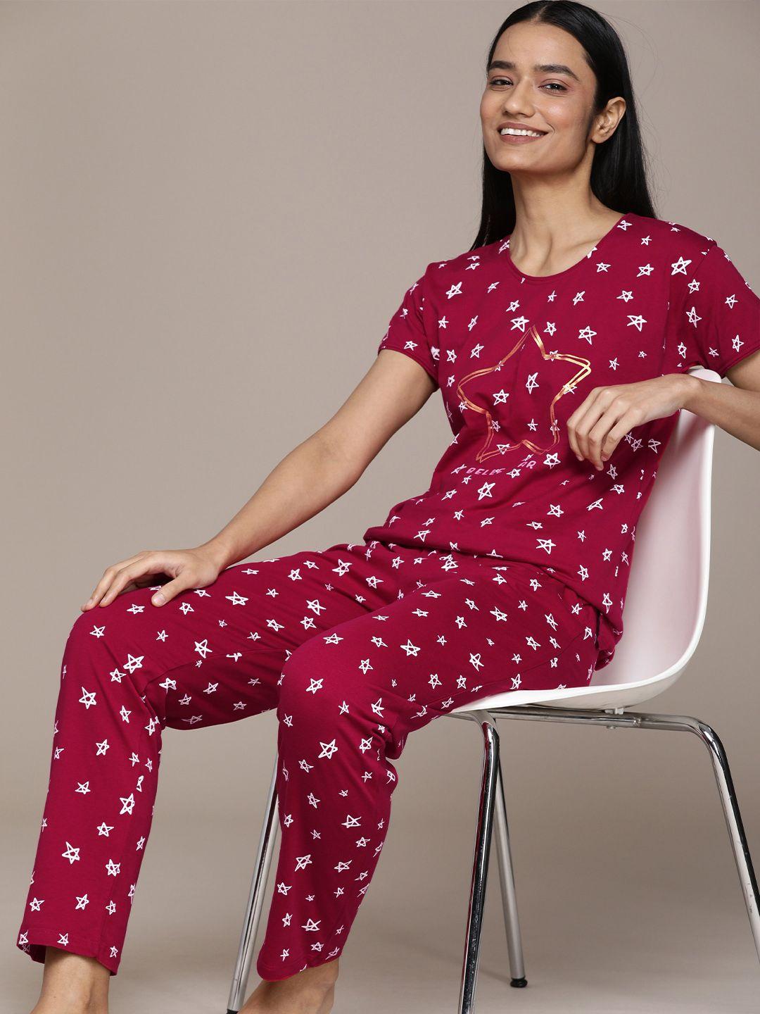 beebelle women maroon & white printed night suit