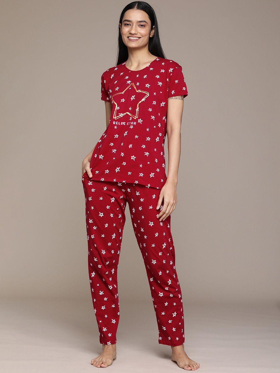 beebelle women maroon & white printed pure cotton night suit