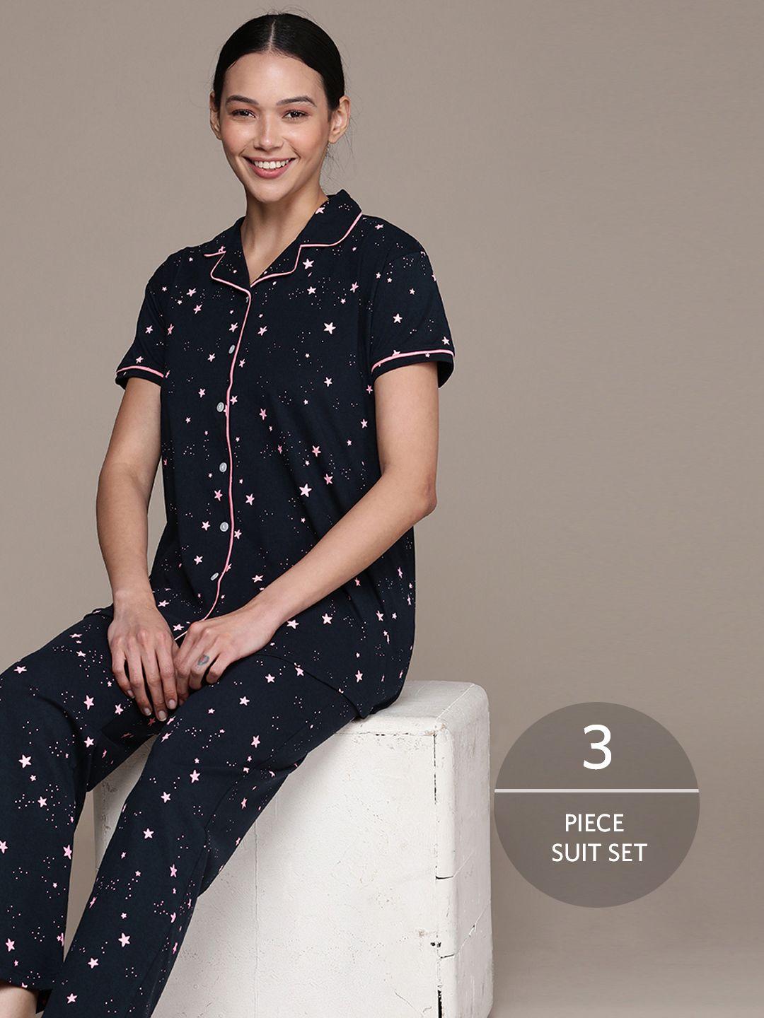 beebelle women navy blue & pink star printed 3-pieces pure cotton night suit