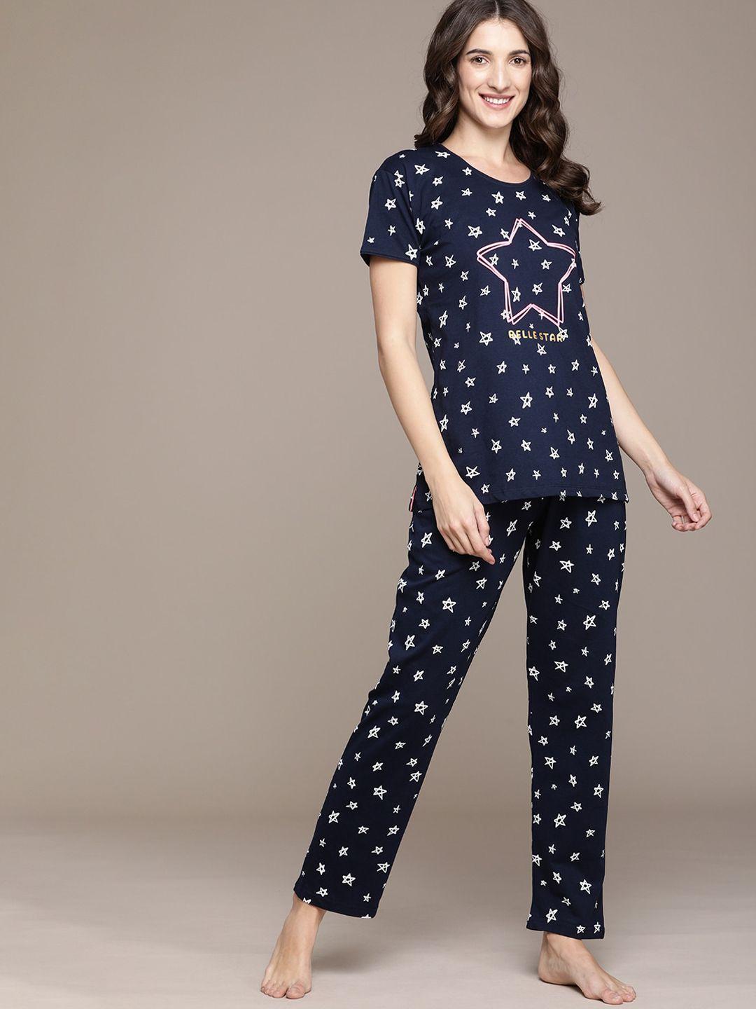 beebelle women navy blue & white printed pure cotton night suit