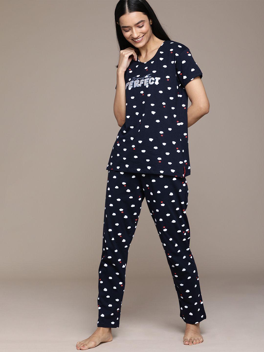 beebelle women navy blue cloud print pure cotton night suit