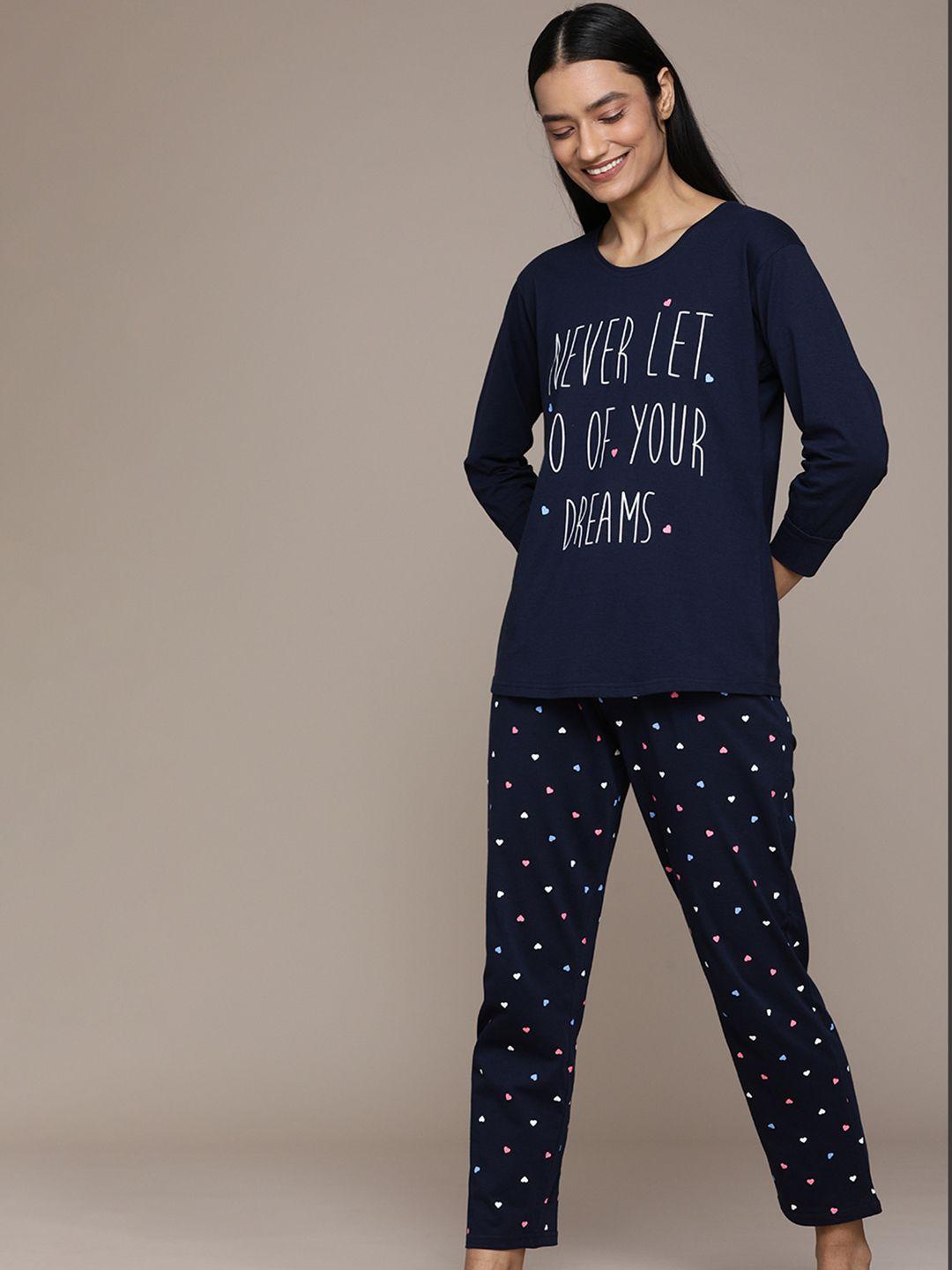 beebelle women navy blue cotton typography print pyjama set