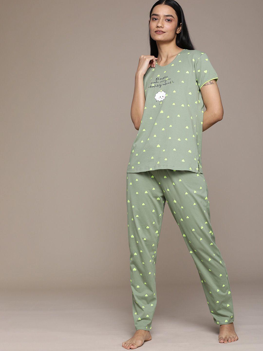 beebelle women olive green & green printed pure cotton nightsuit