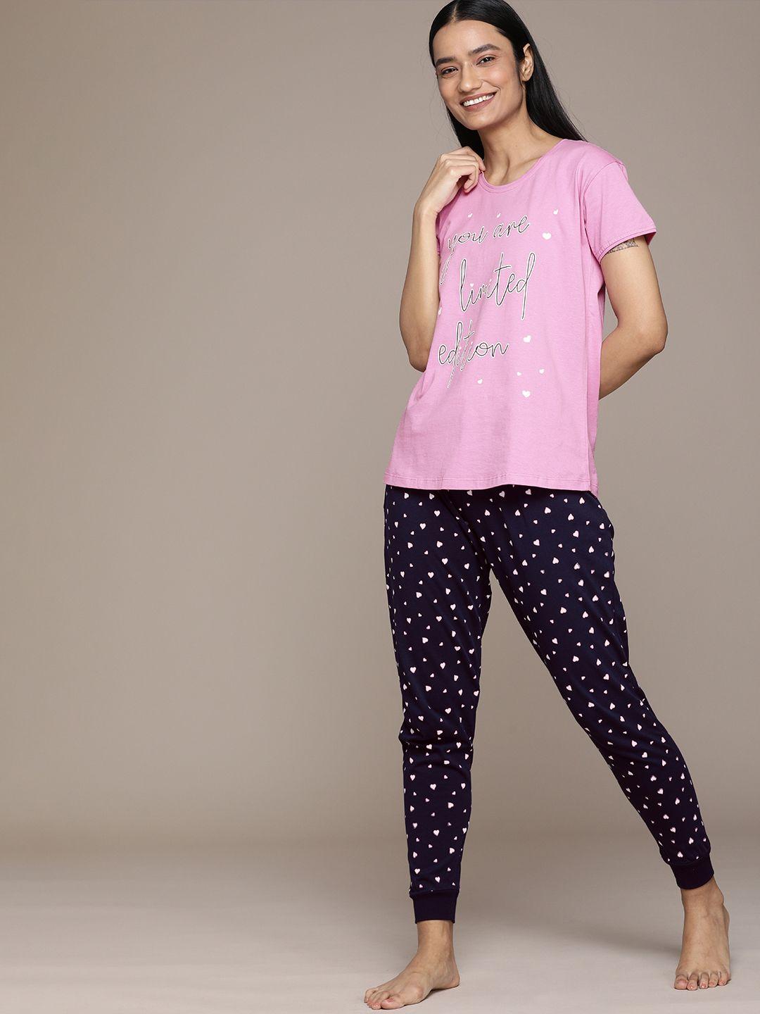 beebelle women pink & navy blue cotton printed pyjama set