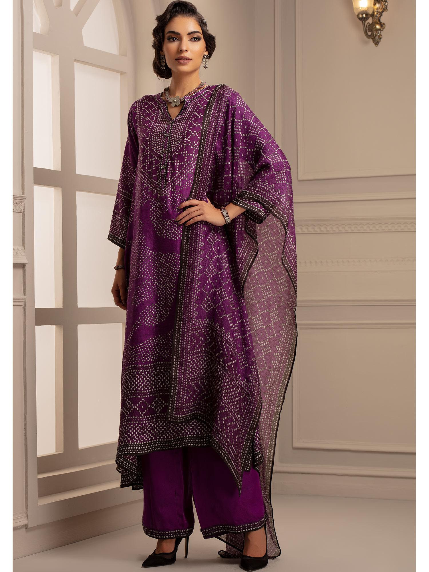 beendi zeynep purple tunic with palazzo & stole (set of 3)