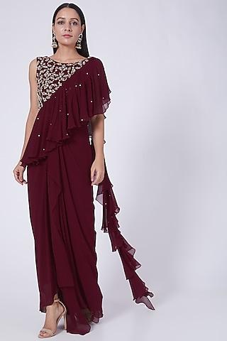 beetroot wine embellished pre-draped saree