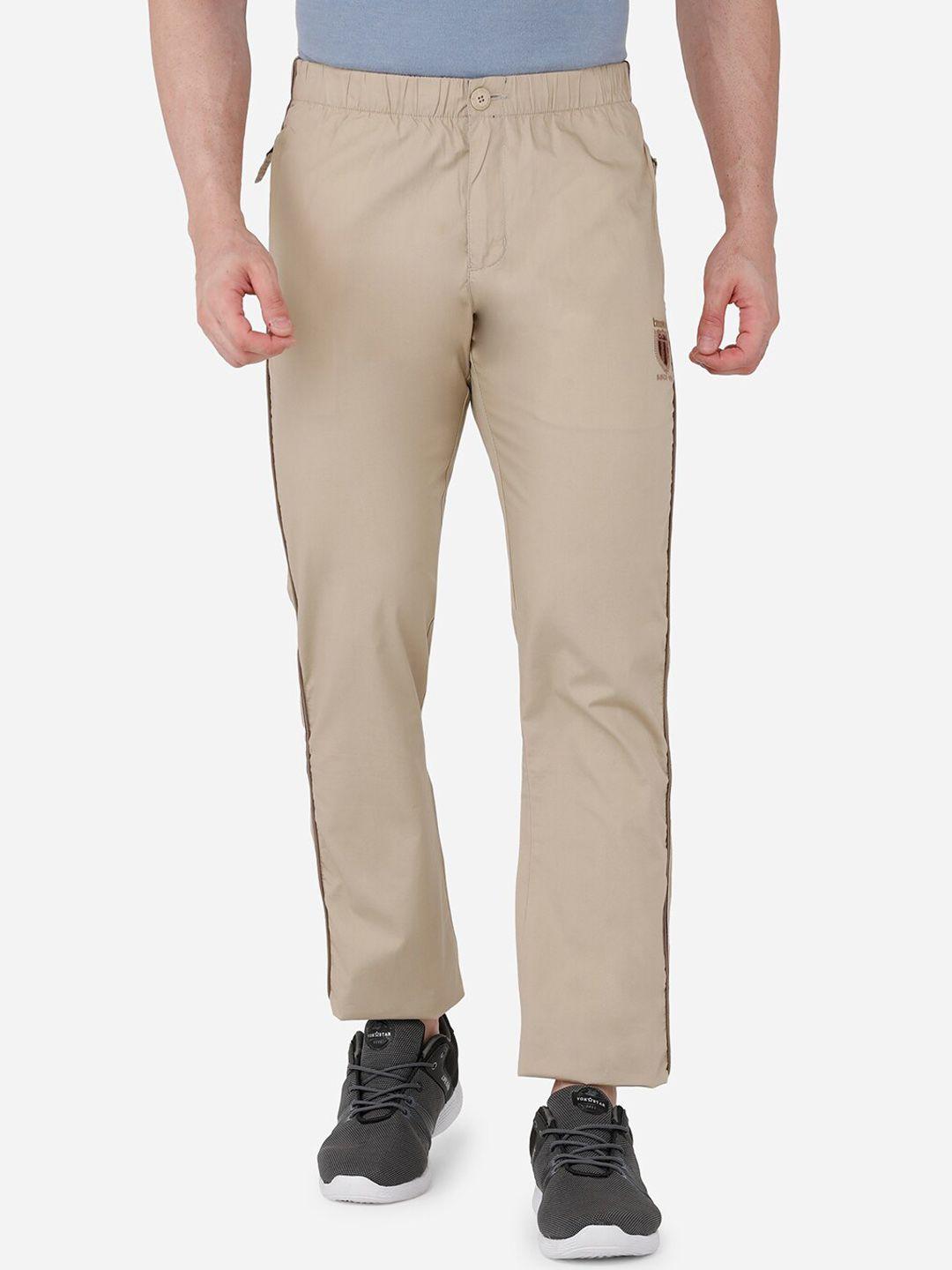 beevee men beige solid pure cotton narrow-fit track pants