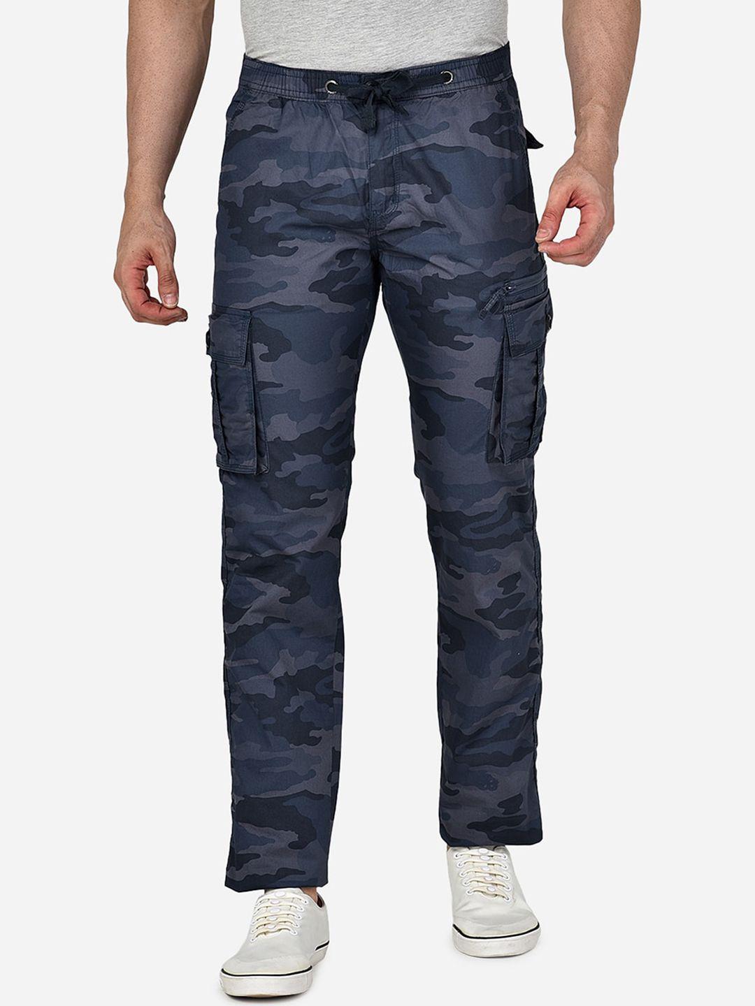 beevee men blue & grey camouflage printed cotton cargo track pants