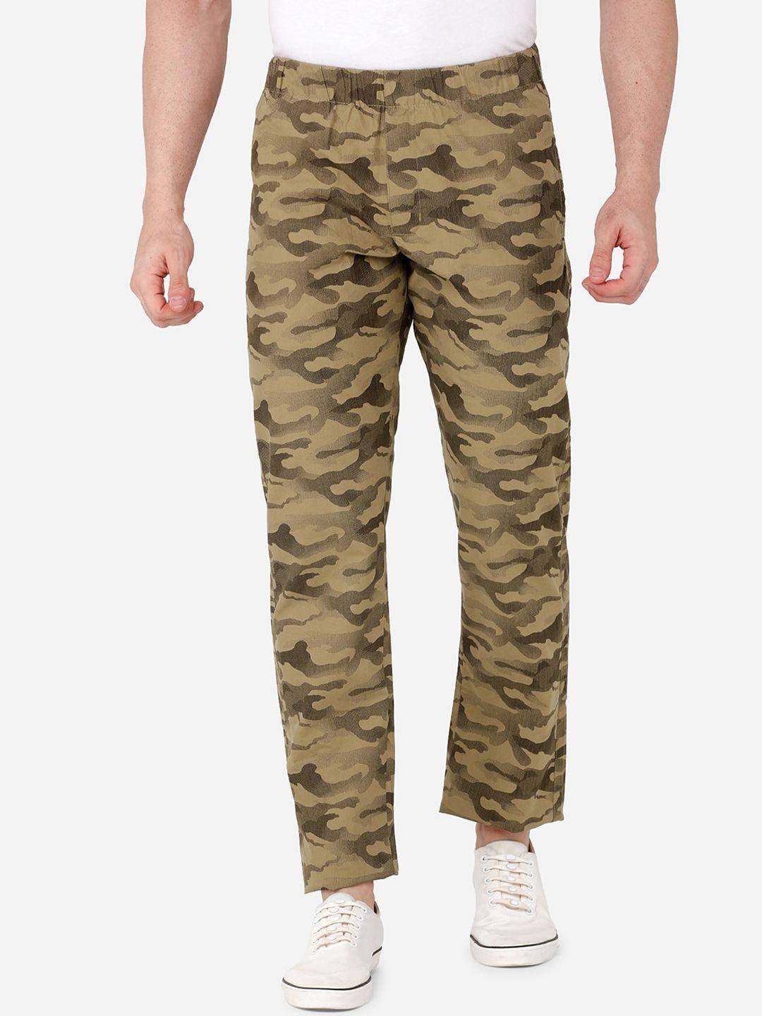 beevee men khaki-coloured & black camouflage printed straight-fit cotton track pants