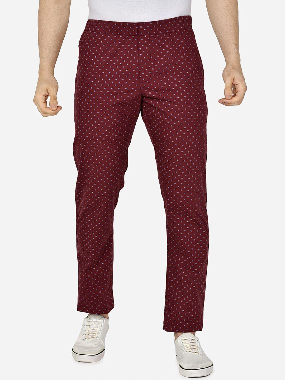 beevee men maroon & black printed straight-fit cotton track pants