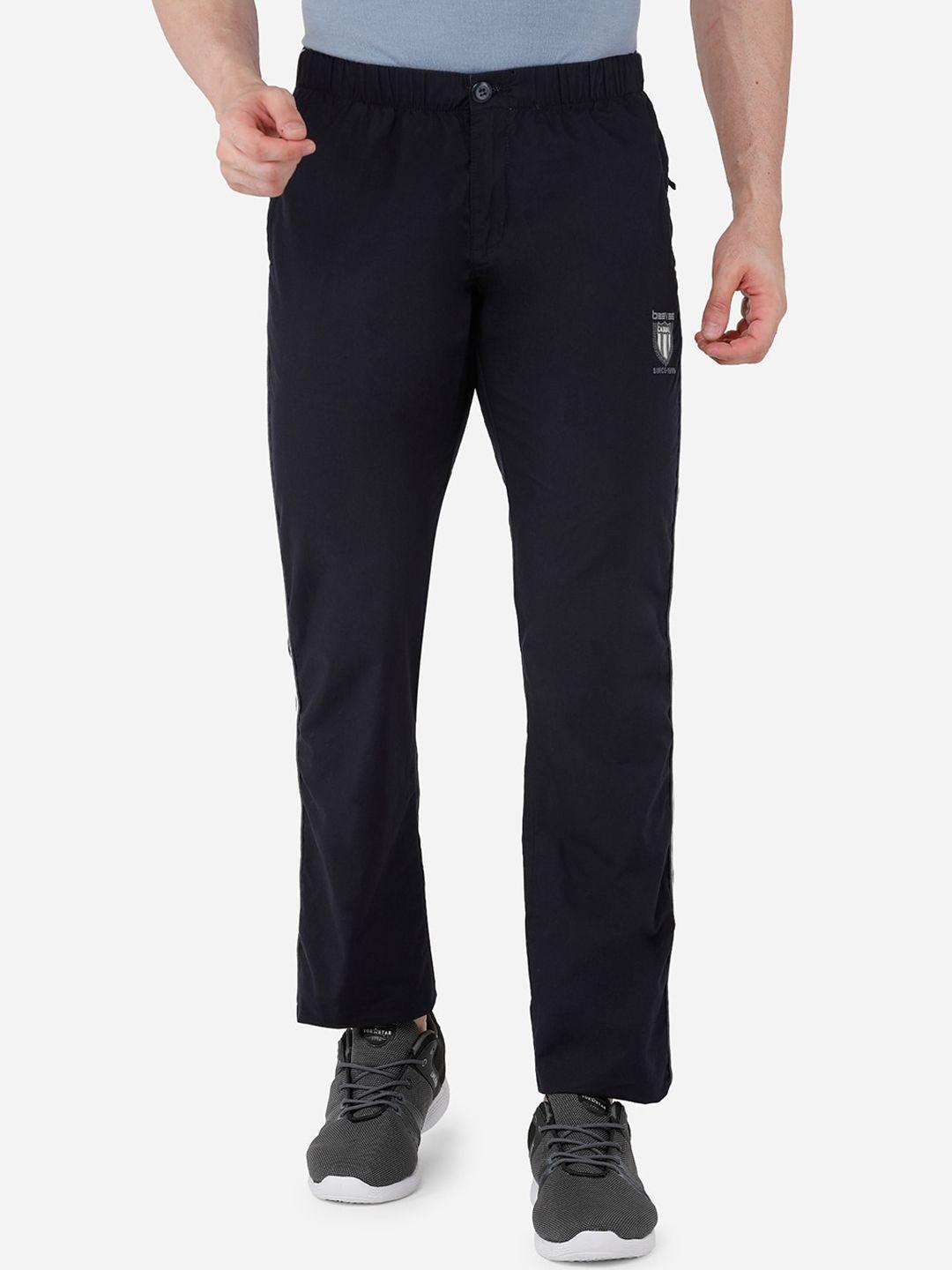 beevee men navy blue solid narrow-fit pure cotton track pants