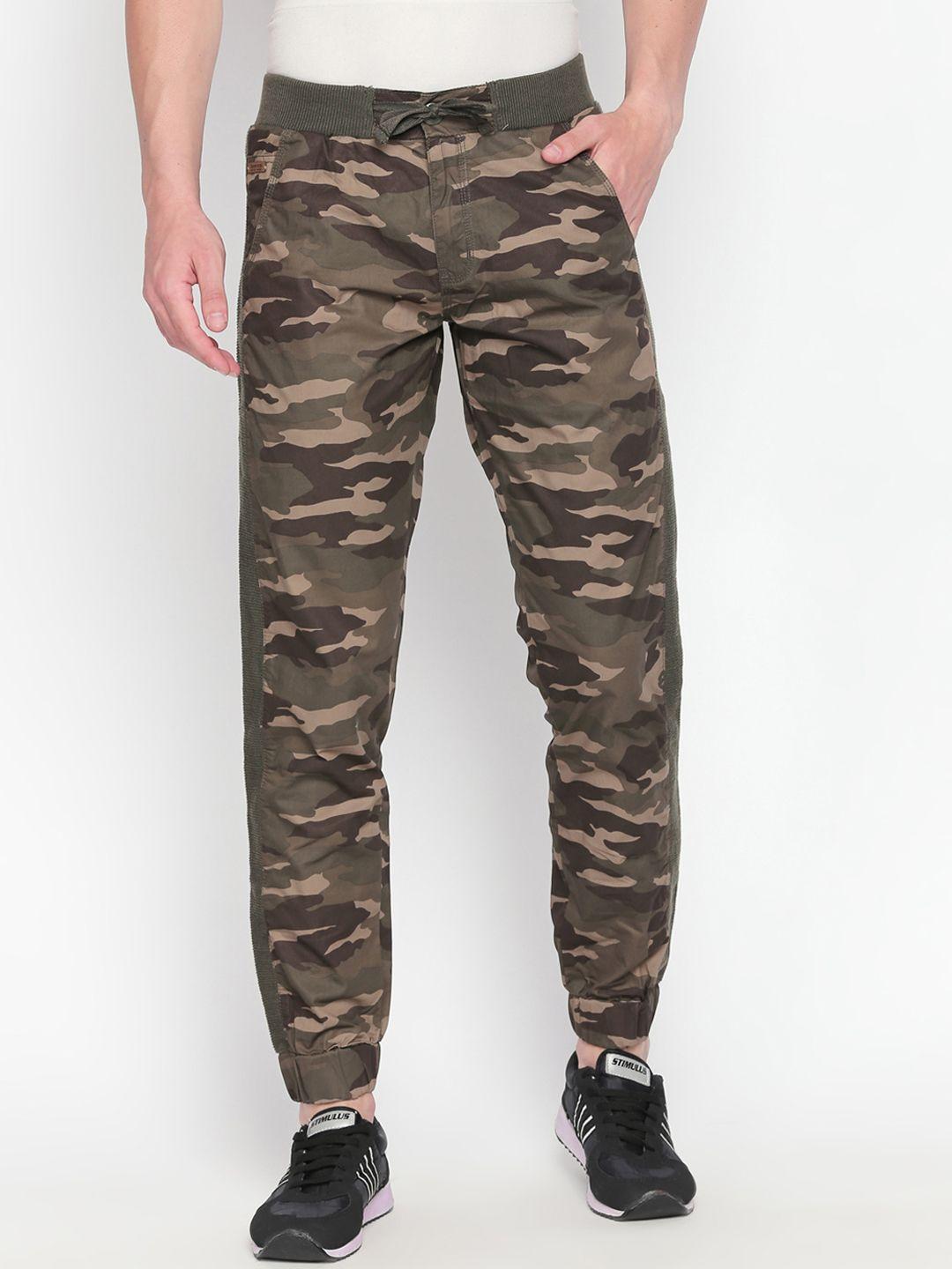 beevee men olive green & brown camouflage print joggers