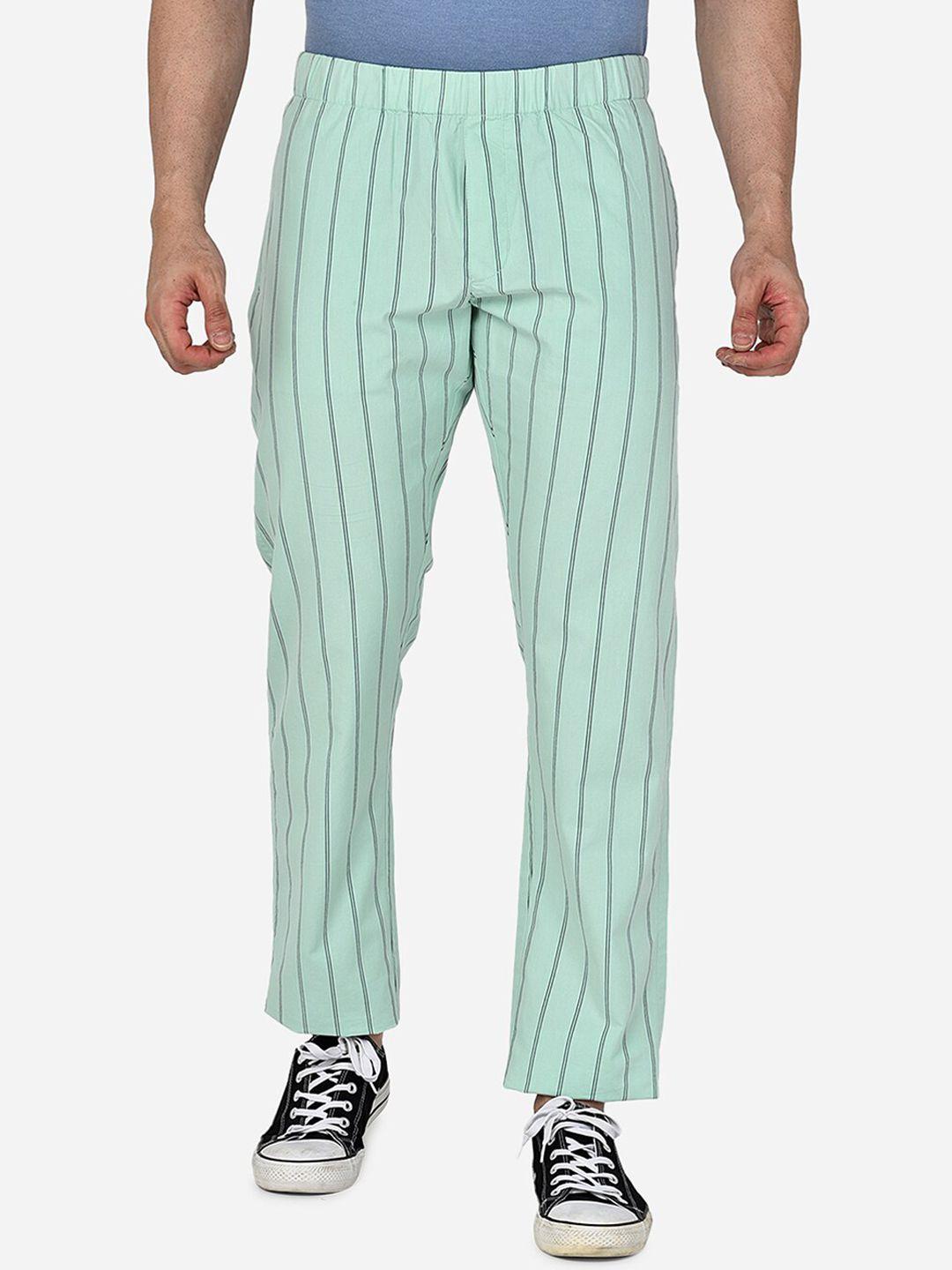 beevee men sea green & grey striped straight-fit pure cotton track pants