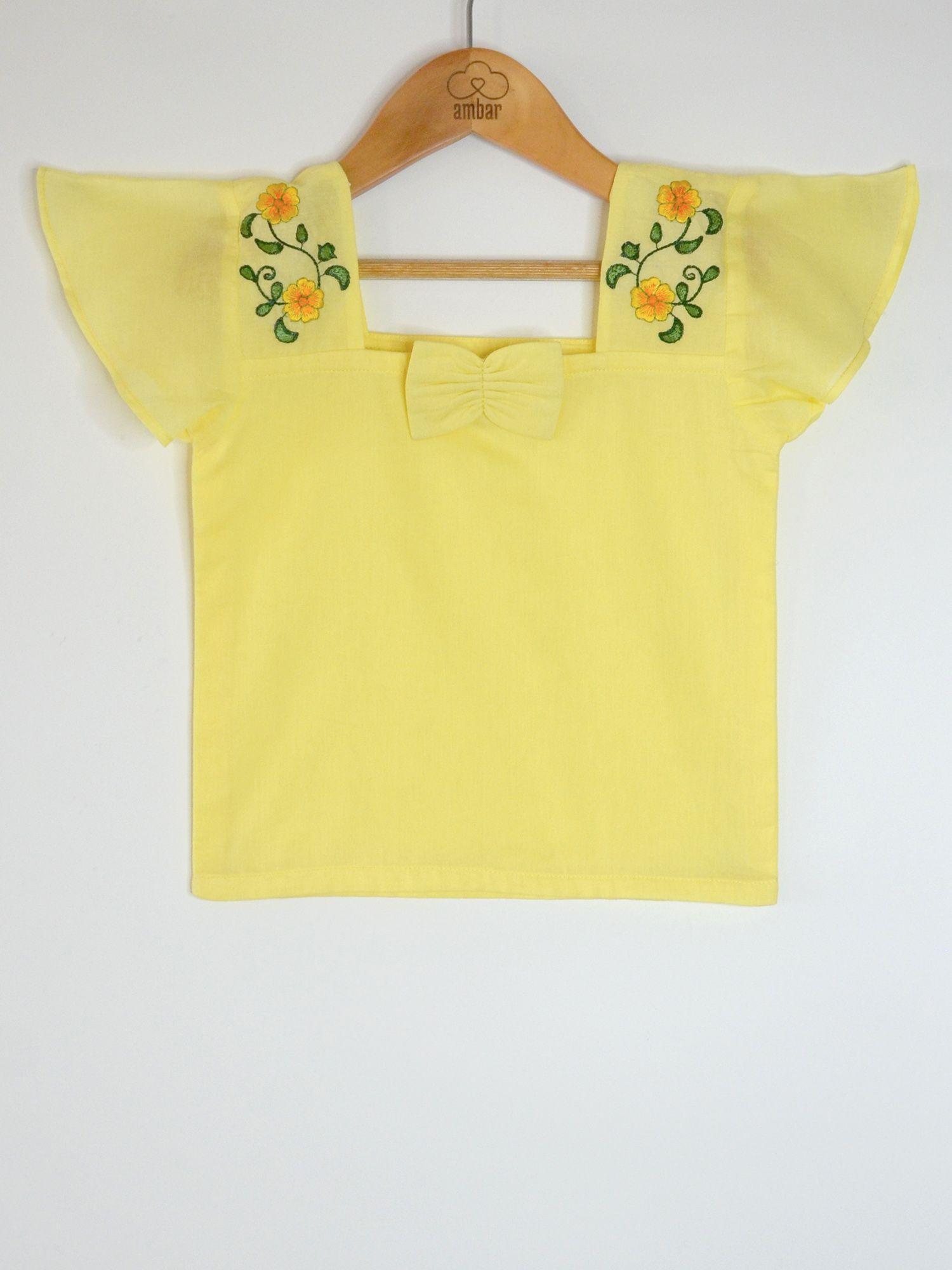 begonia veil embroidery cap sleeve square neck mul top with bow yellow