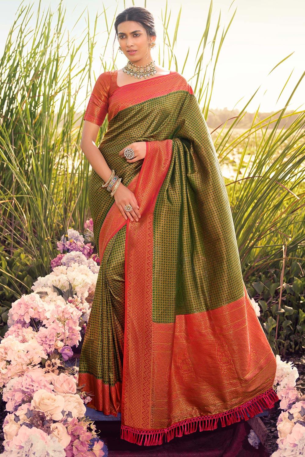 beguiling fern green kanjivaram silk saree with blouse