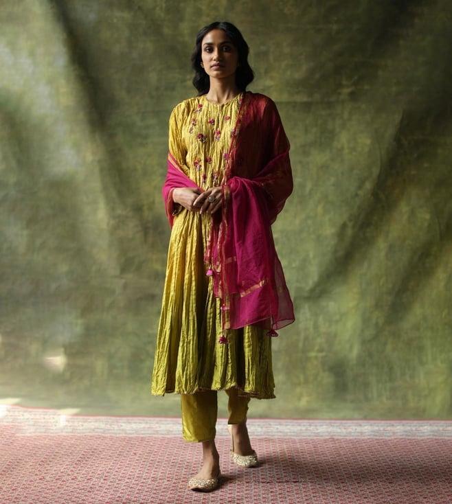 begum pret mustard & olive zeenat kurta with pant and dupatta