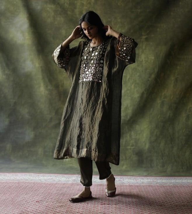 begum pret olive green sahiba kaftan with slip and pant