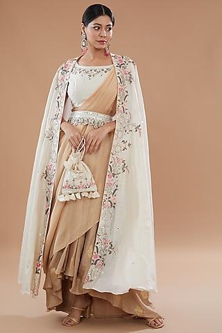 beige & ivory chanderi silk embroidered jacket saree set