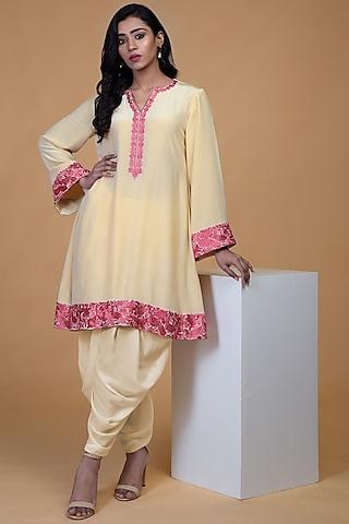 beige & pink embroidered kurta set