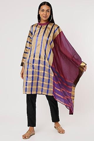 beige & purple silk draped tunic