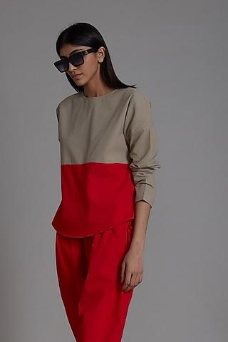 beige & red cotton color blocked top