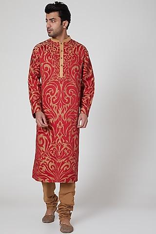 beige & red embroidered kurta set