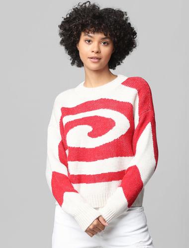 beige abstract print jacquard-knit pullover