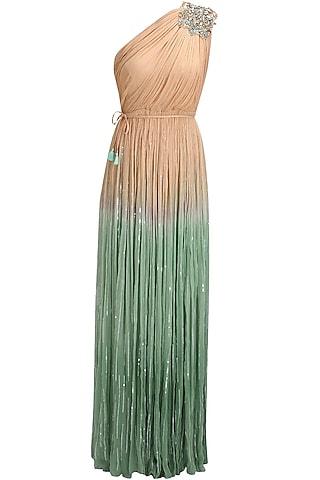 beige and green ombre one shoulder embellished cleopatra gown