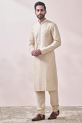 beige art silk embroidered kurta set