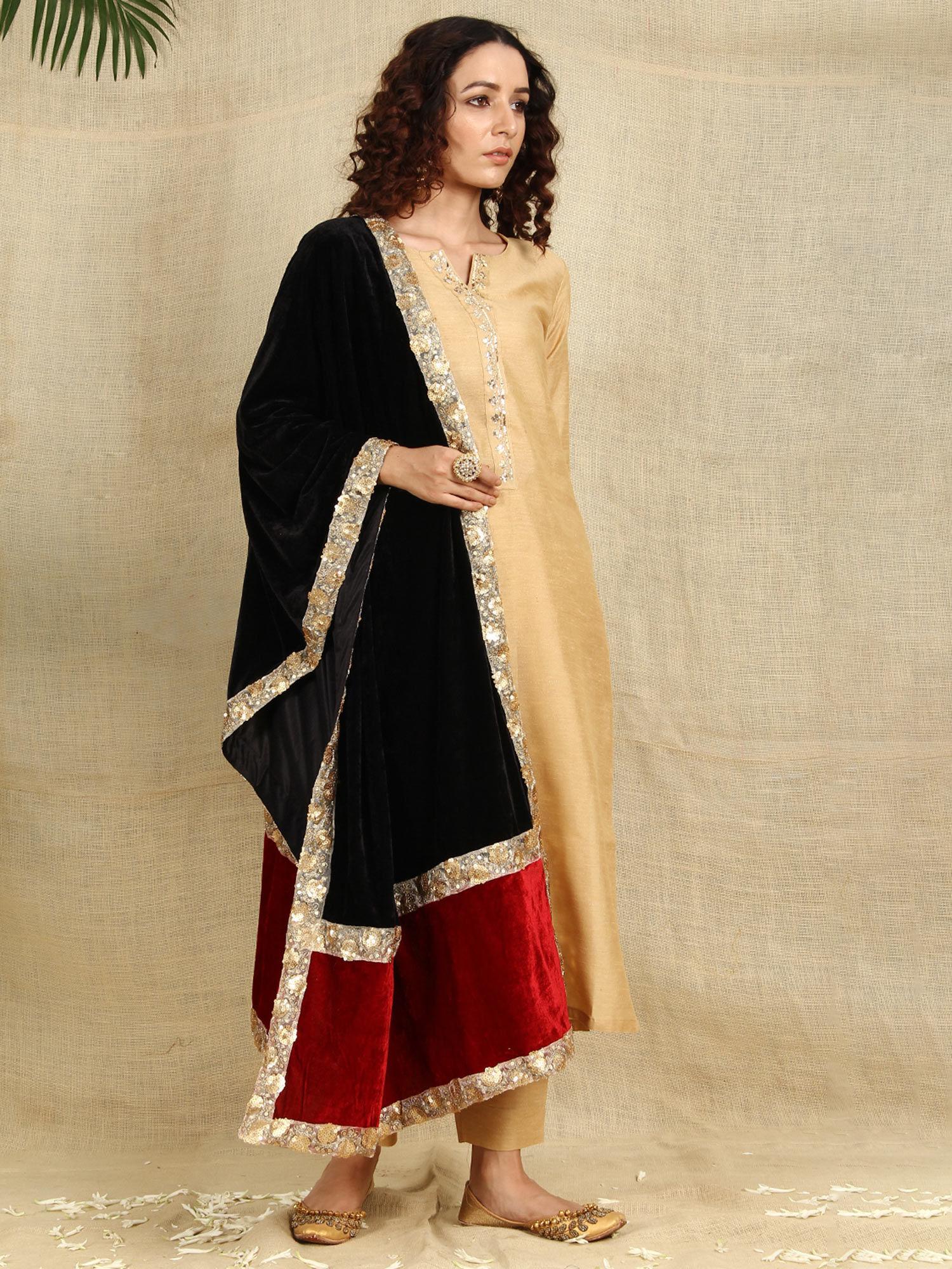 beige art silk kurti with mukaish work and trouser with velvet dupatta (set of 3)