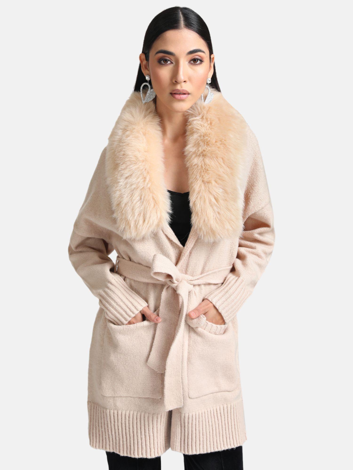 beige belted cardigan with detachable fur collar (set of 3)
