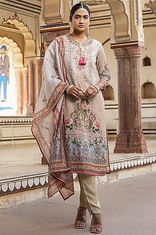 beige chanderi silk floral printed & sequin embellished kurta set