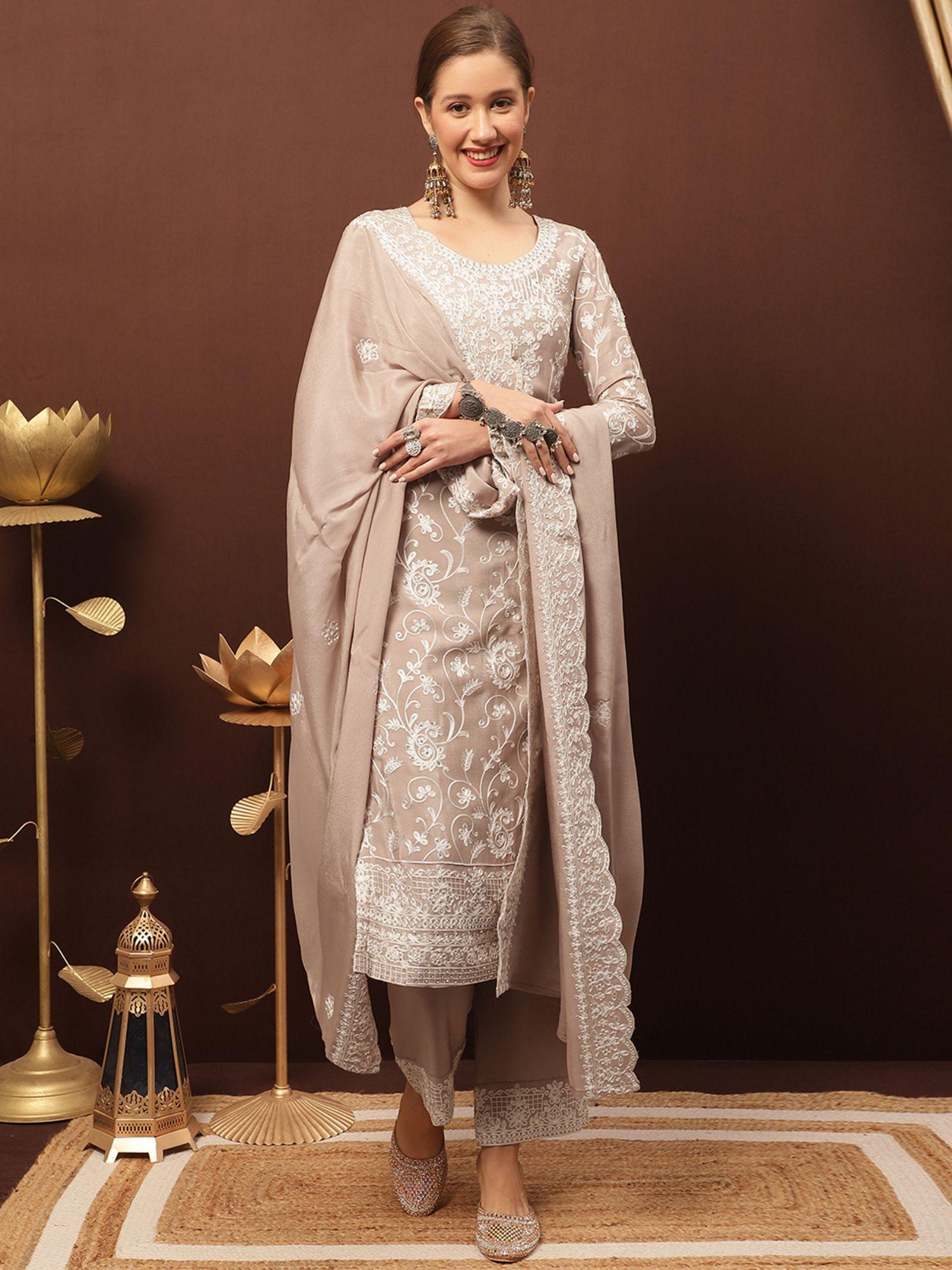 beige chinon chiffon embroidered dress material