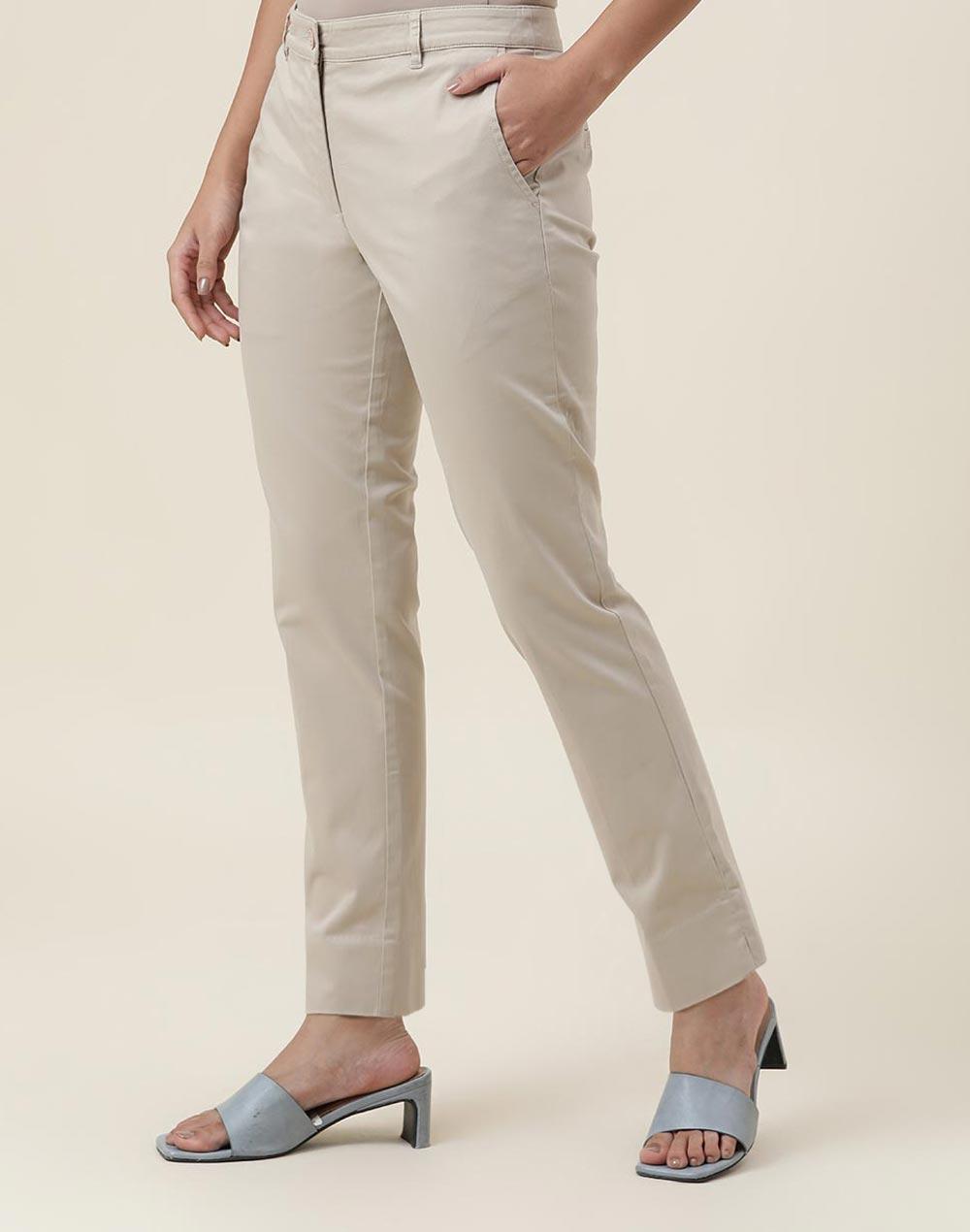 beige cotton blend slim fit formal pant