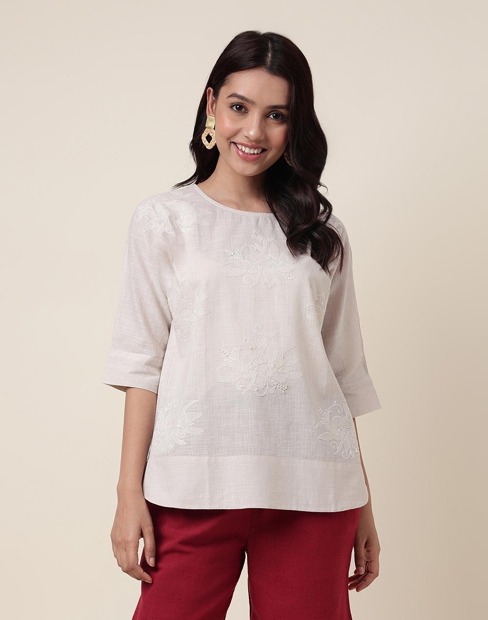 beige cotton embroidered short top