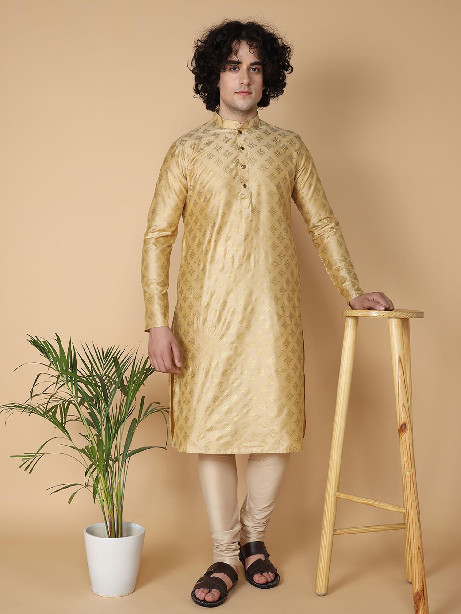 beige cotton full sleeve regular fit printed kurta for men