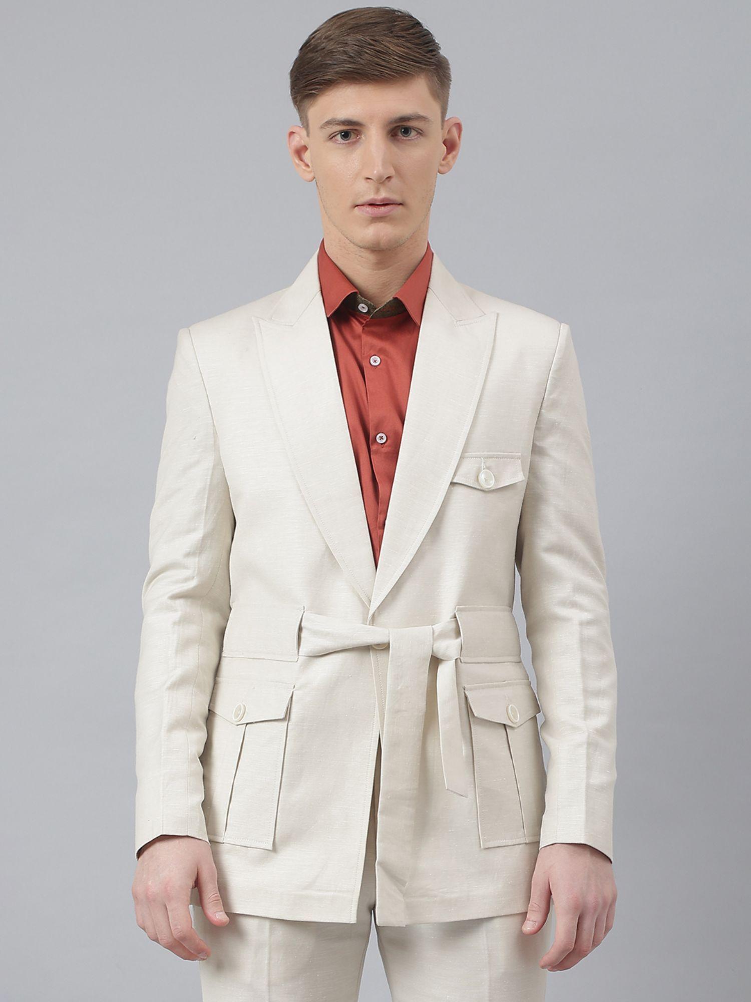 beige cotton linen solid blazer