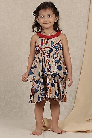 beige cotton printed dress for girls